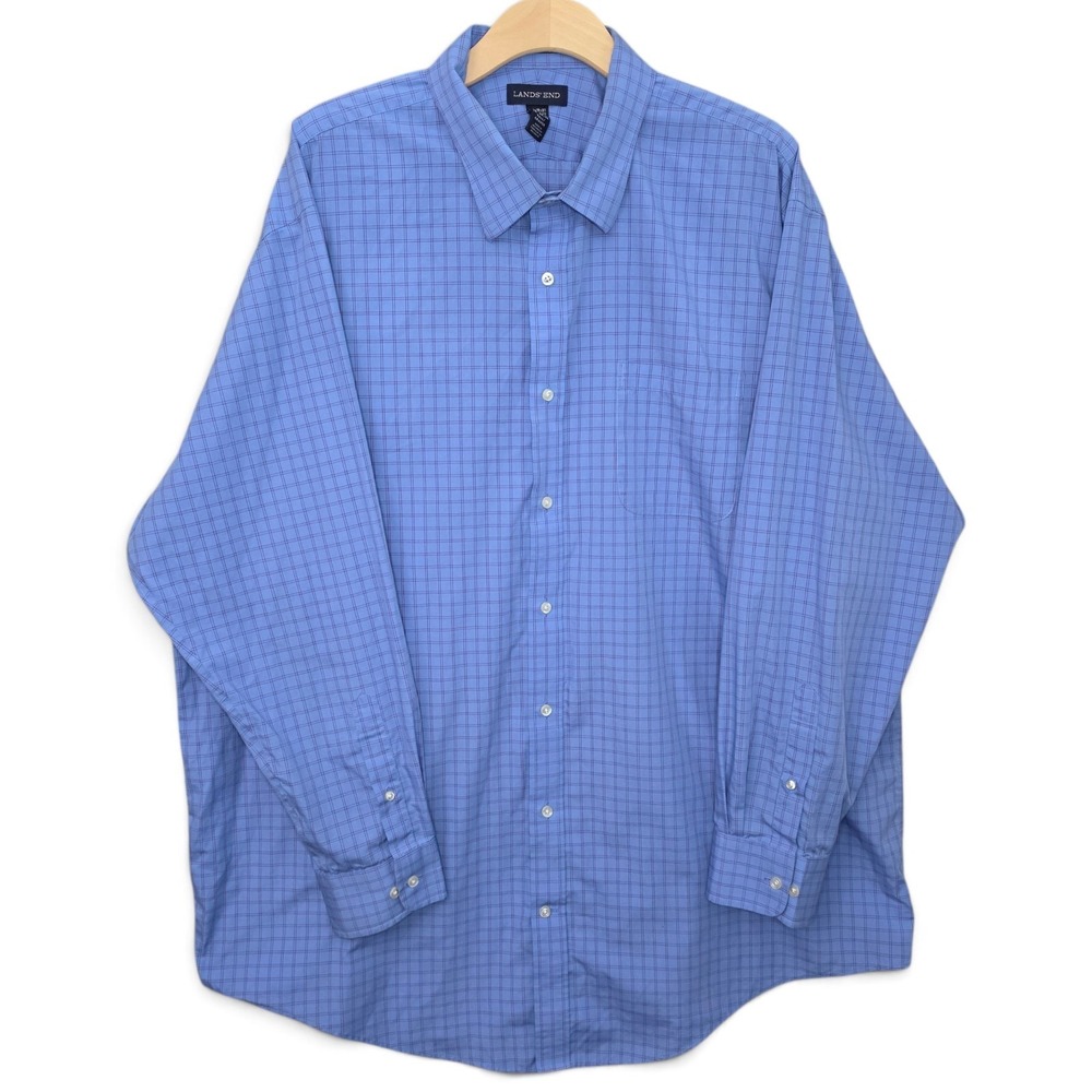 Lands End Mens Dress Shirt 19 37 Tall Blue Plaid Button Wrinkle Free Broadcloth